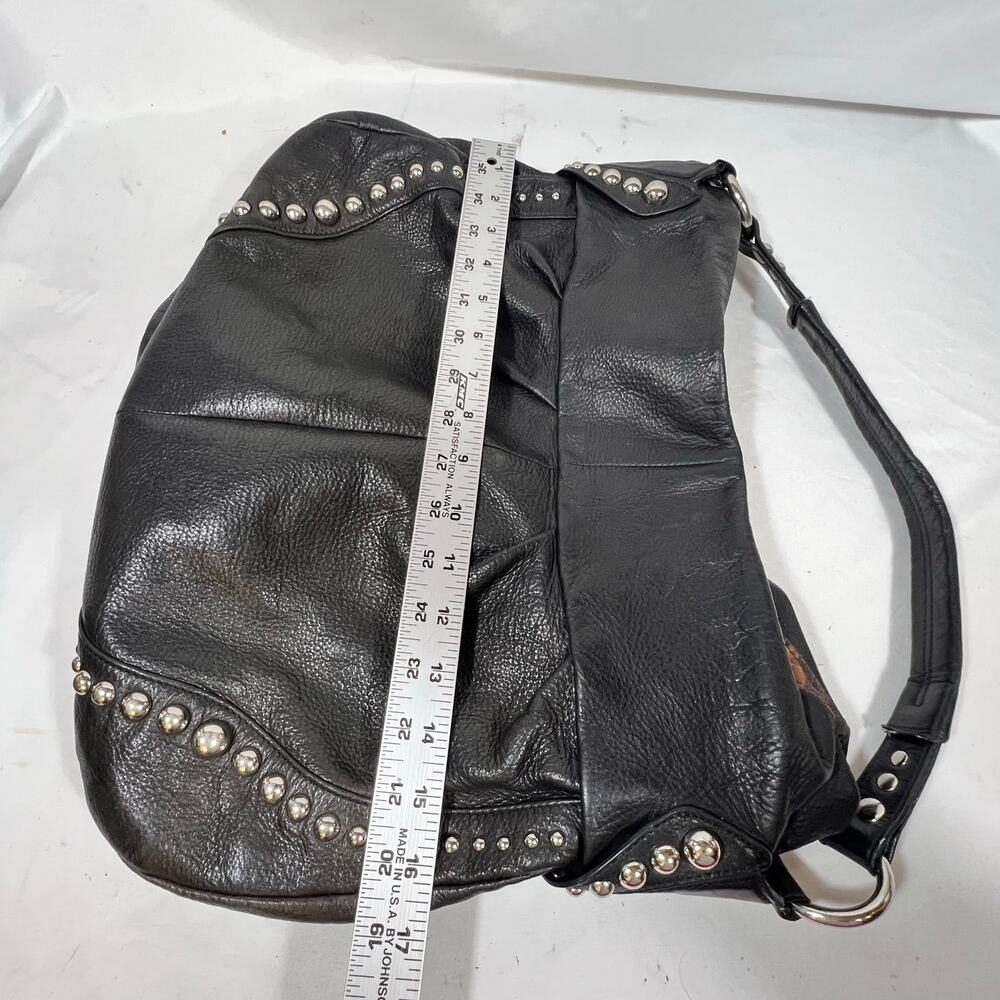 B. Makowsky Hobo Bag Purse Black Pebbled Leather Silver Studded Leopard Lining - Picture 11 of 11